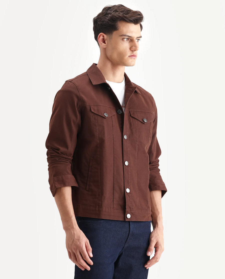 Rare Rabbit Men's Scut Brown Cotton Blend Fabric Collared Neck Relaxed Fit Plain Jacket
