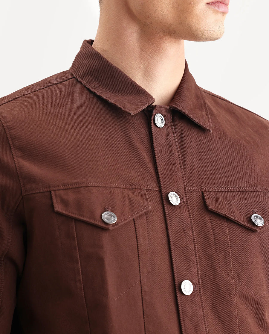 Rare Rabbit Men's Scut Brown Cotton Blend Fabric Collared Neck Relaxed Fit Plain Jacket