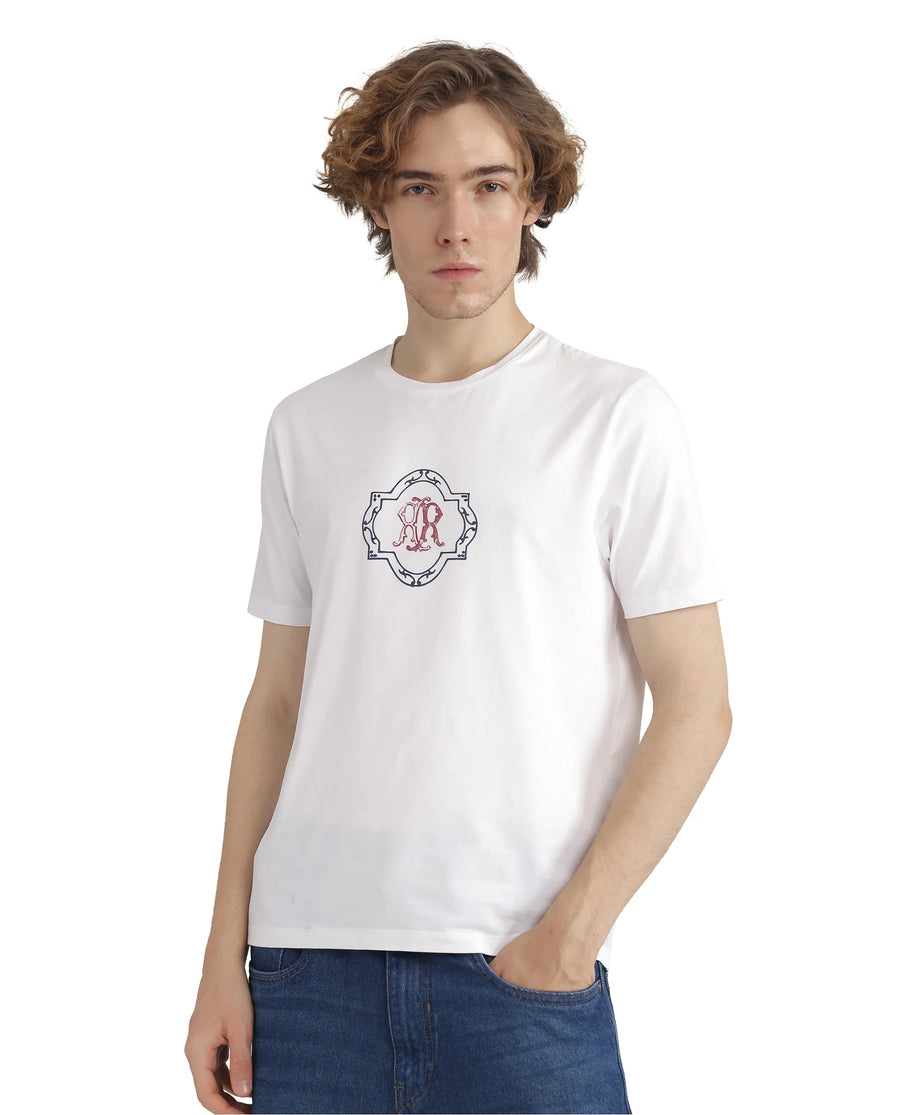 Rare Rabbit Men's Seko White Cotton Blend Graphic Print Regular Fit Half Sleeve Crew Neck T-Shirt