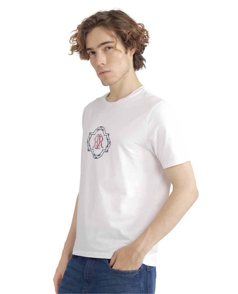 Rare Rabbit Men's Seko White Cotton Blend Graphic Print Regular Fit Half Sleeve Crew Neck T-Shirt