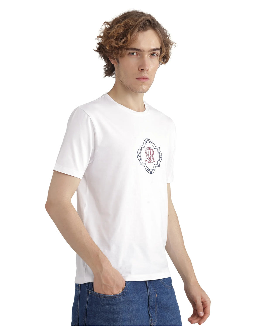 Rare Rabbit Men's Seko White Cotton Blend Graphic Print Regular Fit Half Sleeve Crew Neck T-Shirt