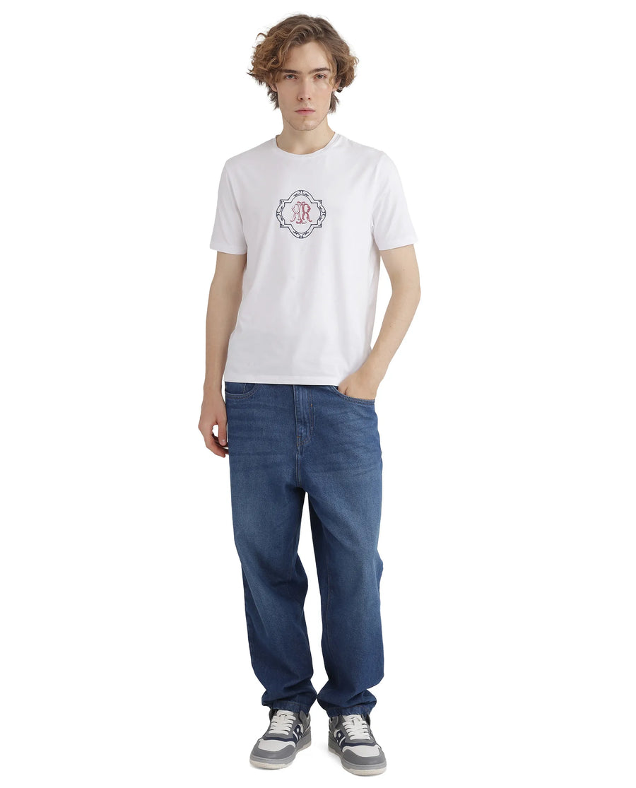 Rare Rabbit Men's Seko White Cotton Blend Graphic Print Regular Fit Half Sleeve Crew Neck T-Shirt
