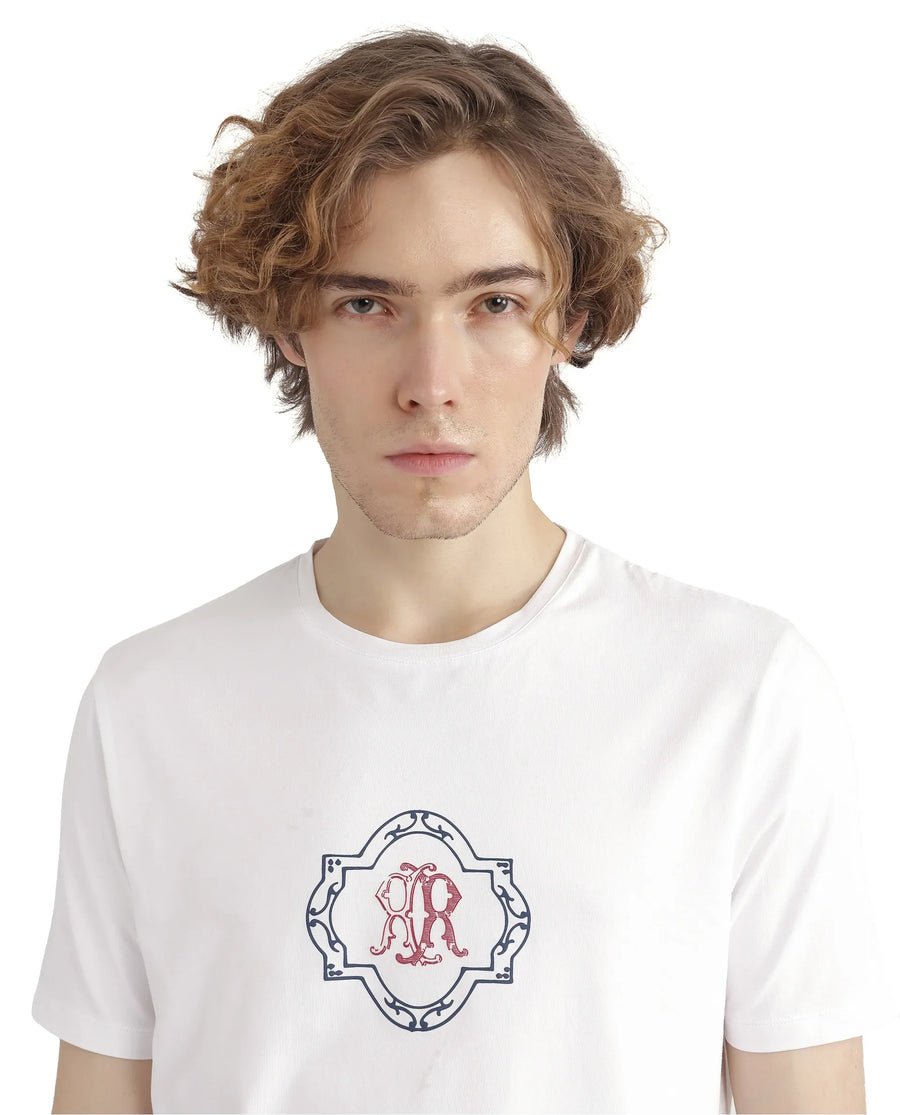 Rare Rabbit Men's Seko White Cotton Blend Graphic Print Regular Fit Half Sleeve Crew Neck T-Shirt
