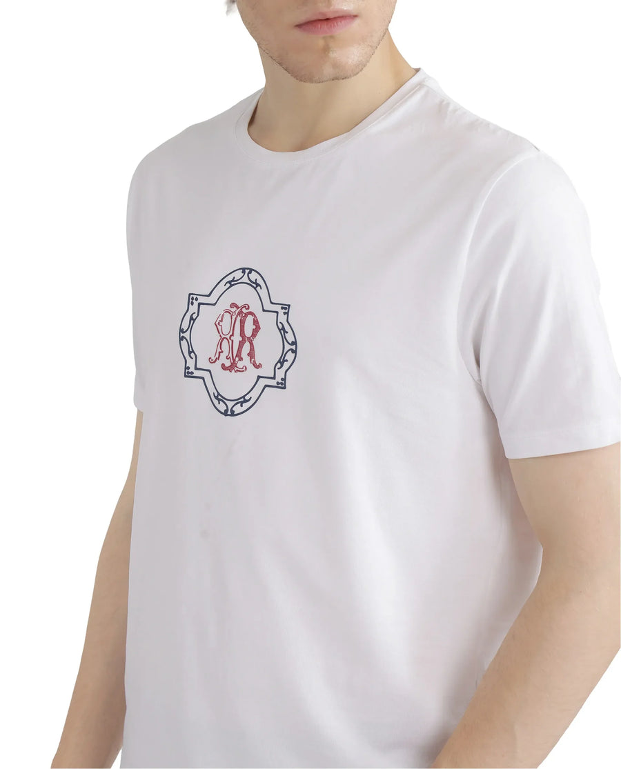 Rare Rabbit Men's Seko White Cotton Blend Graphic Print Regular Fit Half Sleeve Crew Neck T-Shirt