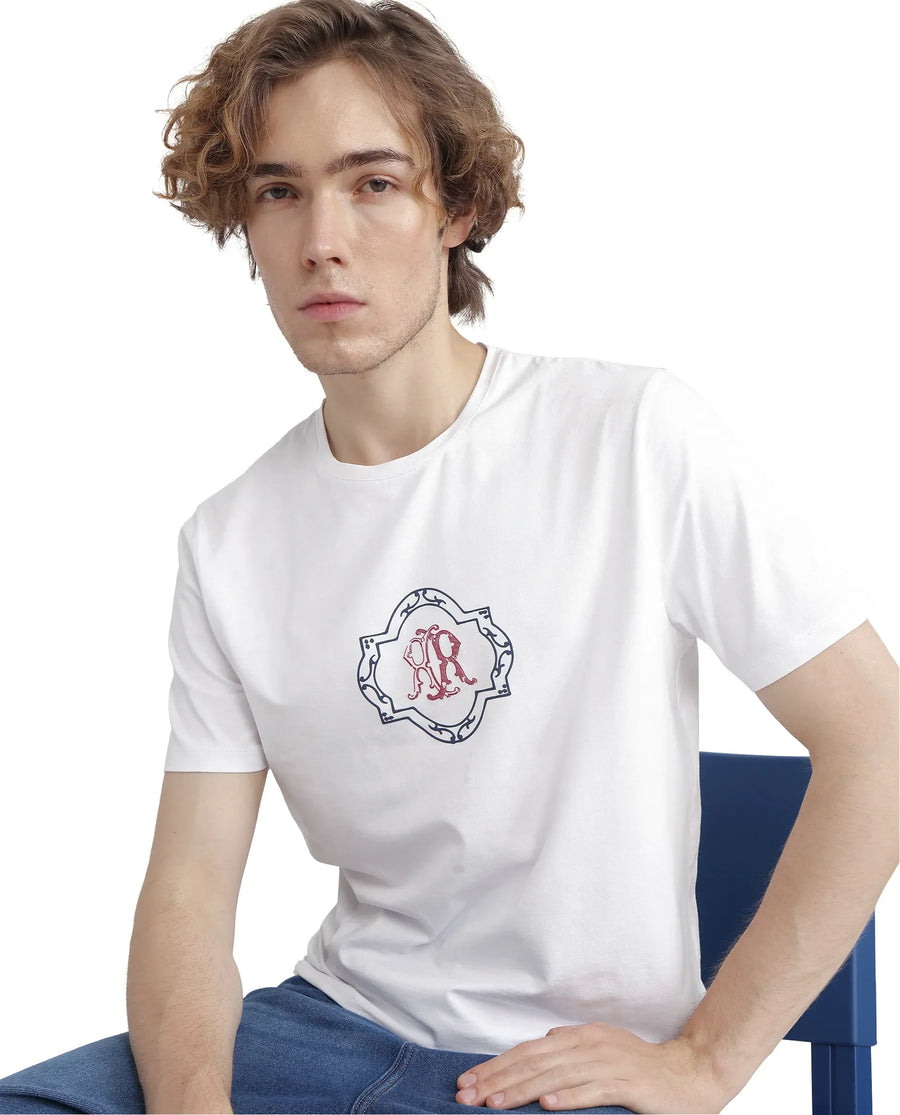 Rare Rabbit Men's Seko White Cotton Blend Graphic Print Regular Fit Half Sleeve Crew Neck T-Shirt