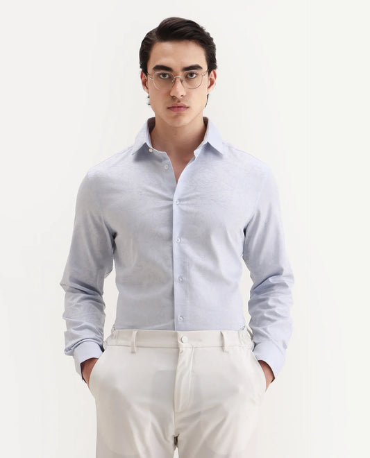 Rare Rabbit Men's Seld Pastel Blue Cotton Blend Spread Collar Regular Fit Jacquard Shirt