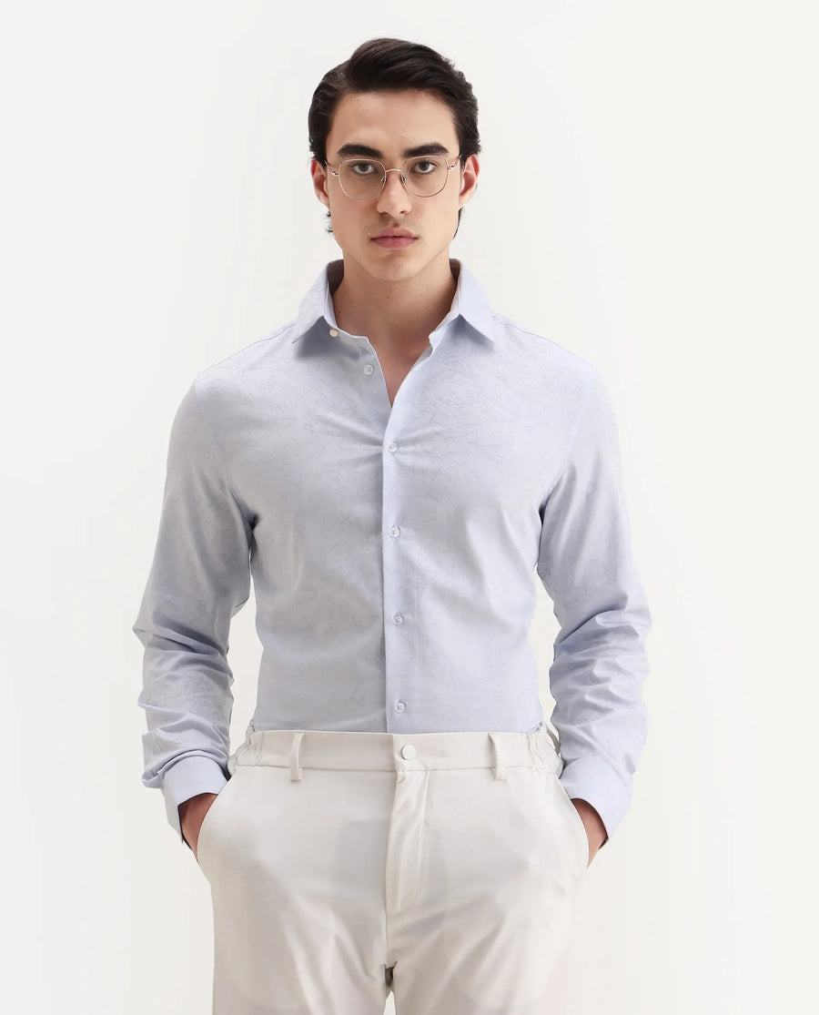 Rare Rabbit Men's Seld Pastel Blue Cotton Blend Spread Collar Regular Fit Jacquard Shirt