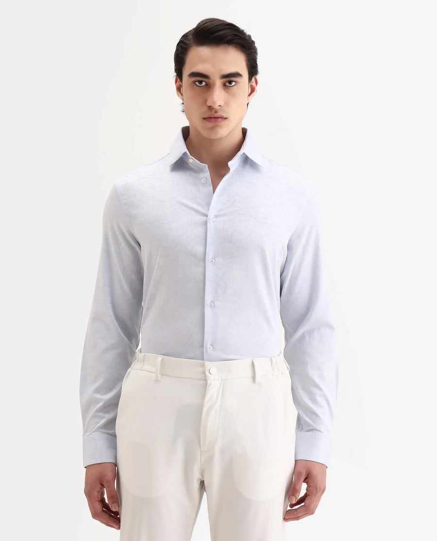 Rare Rabbit Men's Seld Pastel Blue Cotton Blend Spread Collar Regular Fit Jacquard Shirt