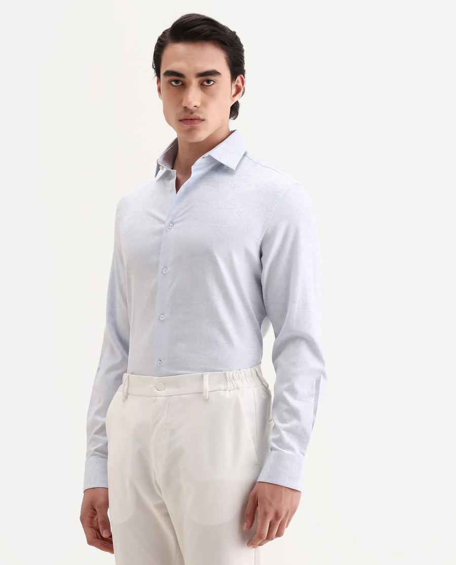 Rare Rabbit Men's Seld Pastel Blue Cotton Blend Spread Collar Regular Fit Jacquard Shirt