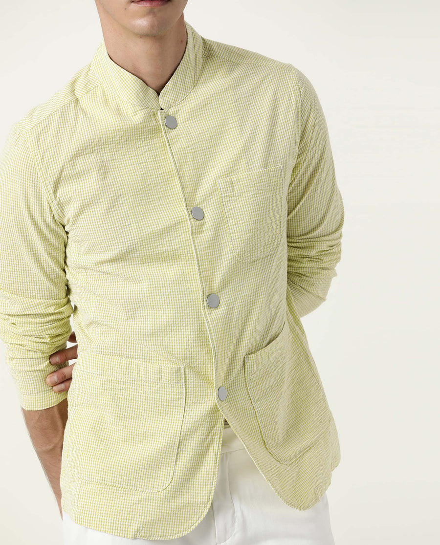 Rare Rabbit Men's Gin Olive Cotton Checked Print Regular Fit Full Sleeve Mandarin Collar Jacket