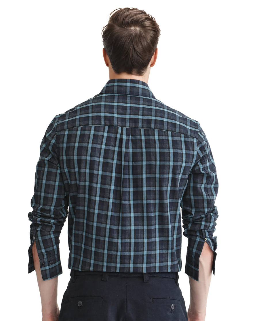 Rare Rabbit Men's Senf Navy Cotton Checked Print Regular Fit Full Sleeve Collared Shirt