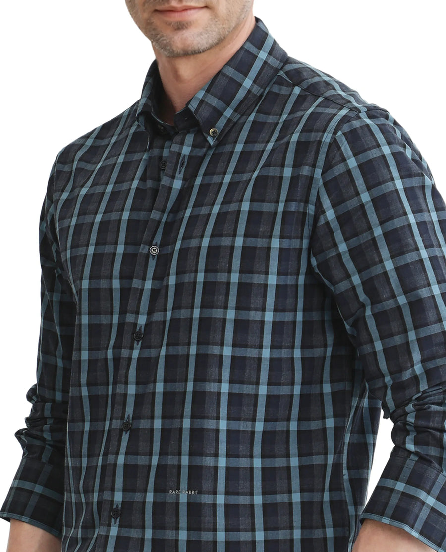 Rare Rabbit Men's Senf Navy Cotton Checked Print Regular Fit Full Sleeve Collared Shirt