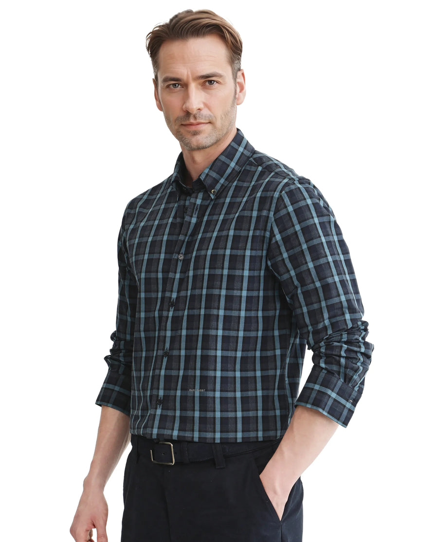 Rare Rabbit Men's Senf Navy Cotton Checked Print Regular Fit Full Sleeve Collared Shirt