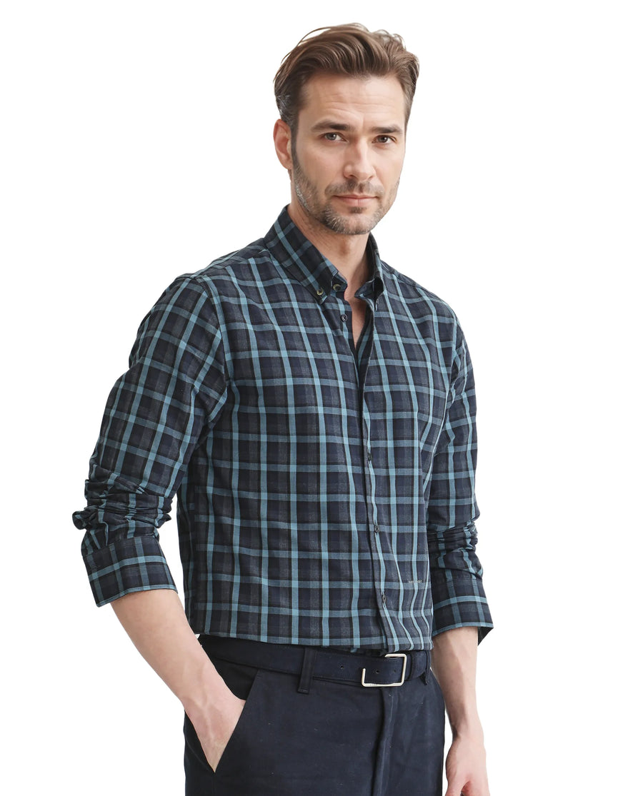 Rare Rabbit Men's Senf Navy Cotton Checked Print Regular Fit Full Sleeve Collared Shirt