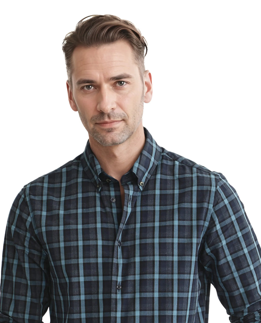 Rare Rabbit Men's Senf Navy Cotton Checked Print Regular Fit Full Sleeve Collared Shirt