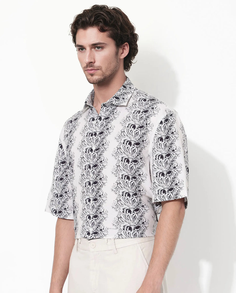 Rare Rabbit Men's Gasta Ss Off White Viscose Floral Print Boxy Fit Half Sleeve Collared Shirt