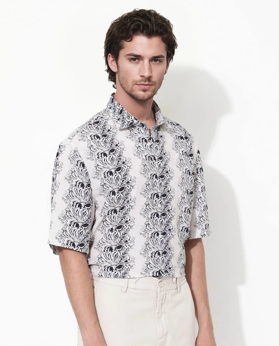 Rare Rabbit Men's Gasta Ss Off White Viscose Floral Print Boxy Fit Half Sleeve Collared Shirt