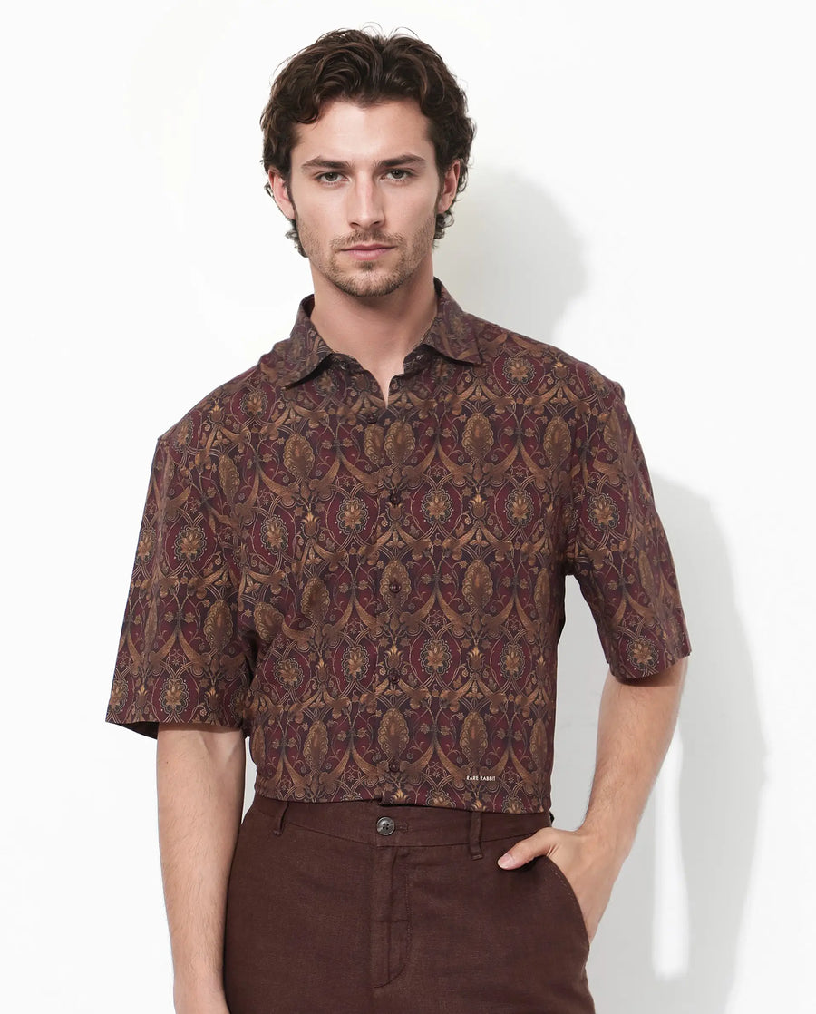 Rare Rabbit Men's Andin Brown Viscose Floral Print Boxy Fit Half Sleeve Collared Shirt