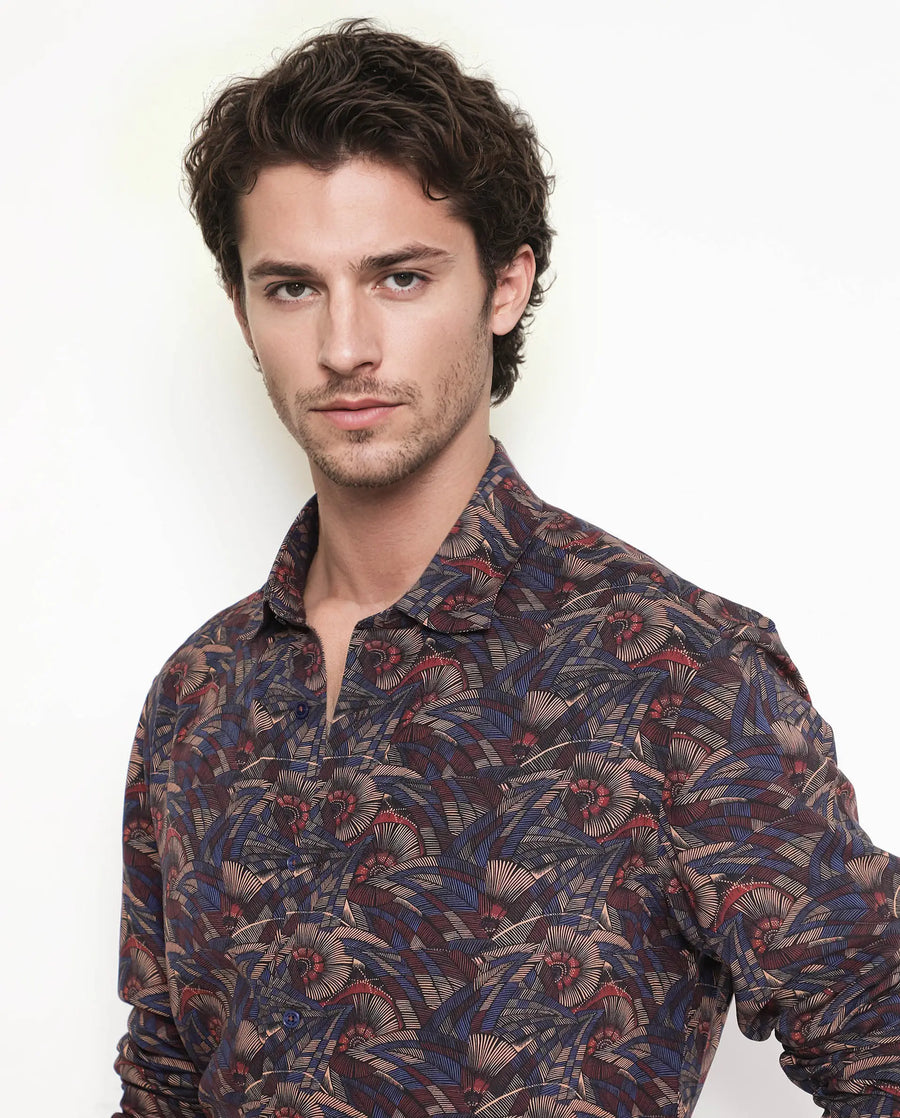 Rare Rabbit Men's Mids Navy Viscose Abstract Print Regular Fit Full Sleeve Collared Shirt