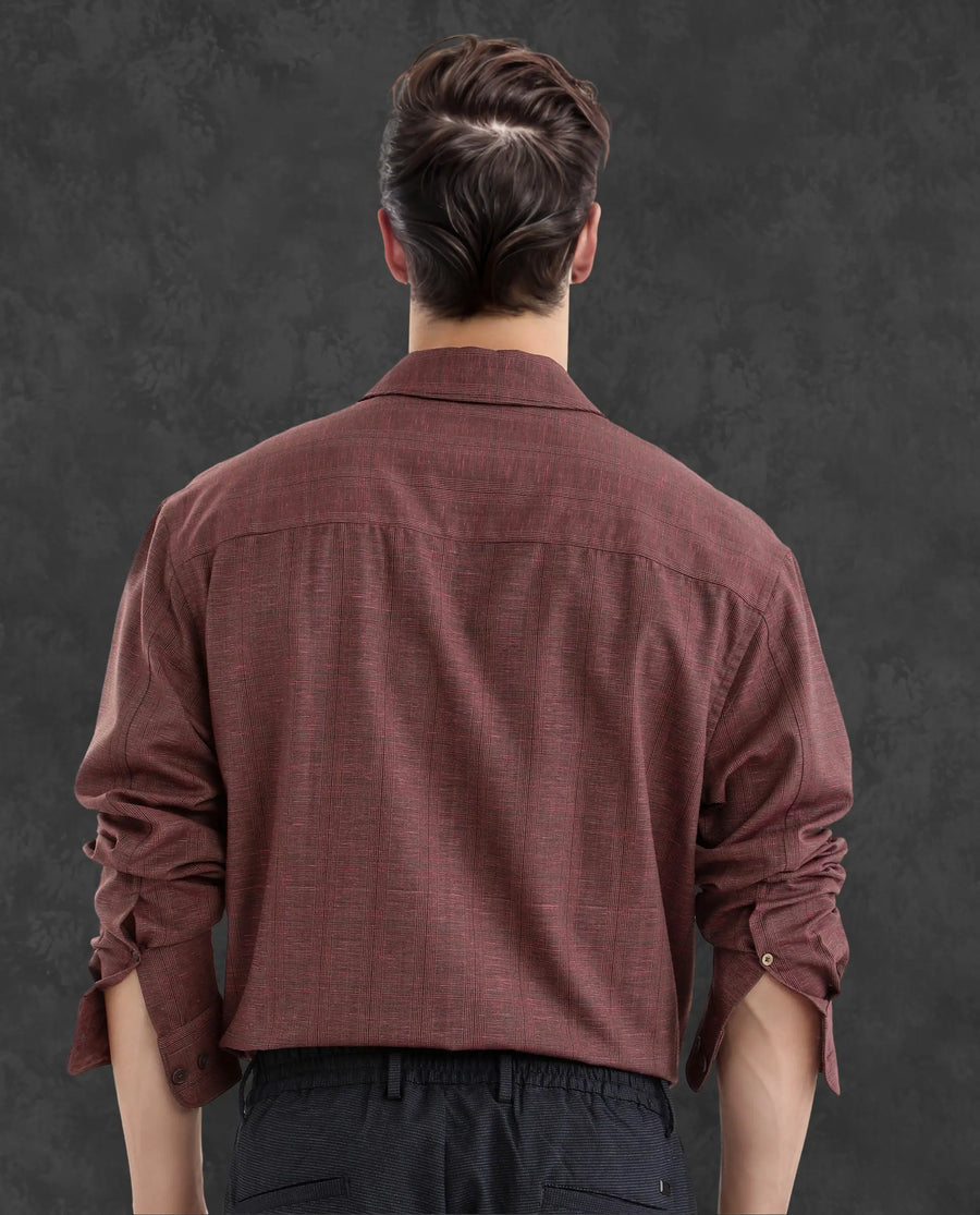 Rare Rabbit Men's Reno Maroon Cotton Checked Print Regular Fit Full Sleeve Collared Shirt