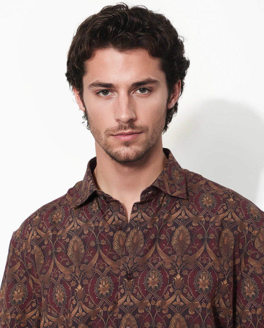 Rare Rabbit Men's Andin Brown Viscose Floral Print Boxy Fit Half Sleeve Collared Shirt