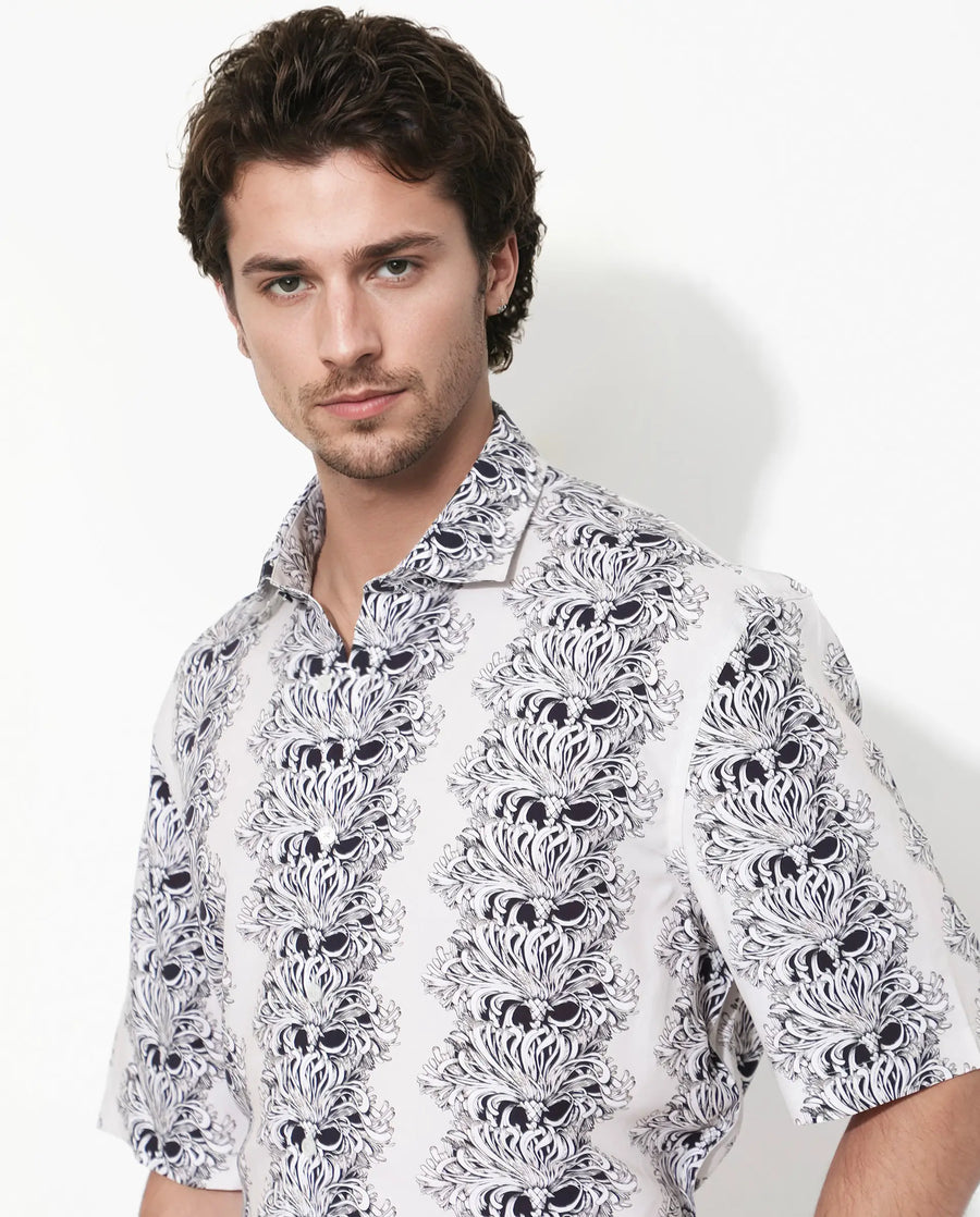 Rare Rabbit Men's Gasta Ss Off White Viscose Floral Print Boxy Fit Half Sleeve Collared Shirt