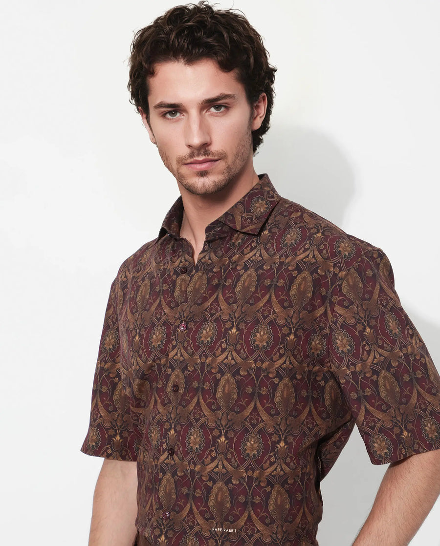 Rare Rabbit Men's Andin Brown Viscose Floral Print Boxy Fit Half Sleeve Collared Shirt