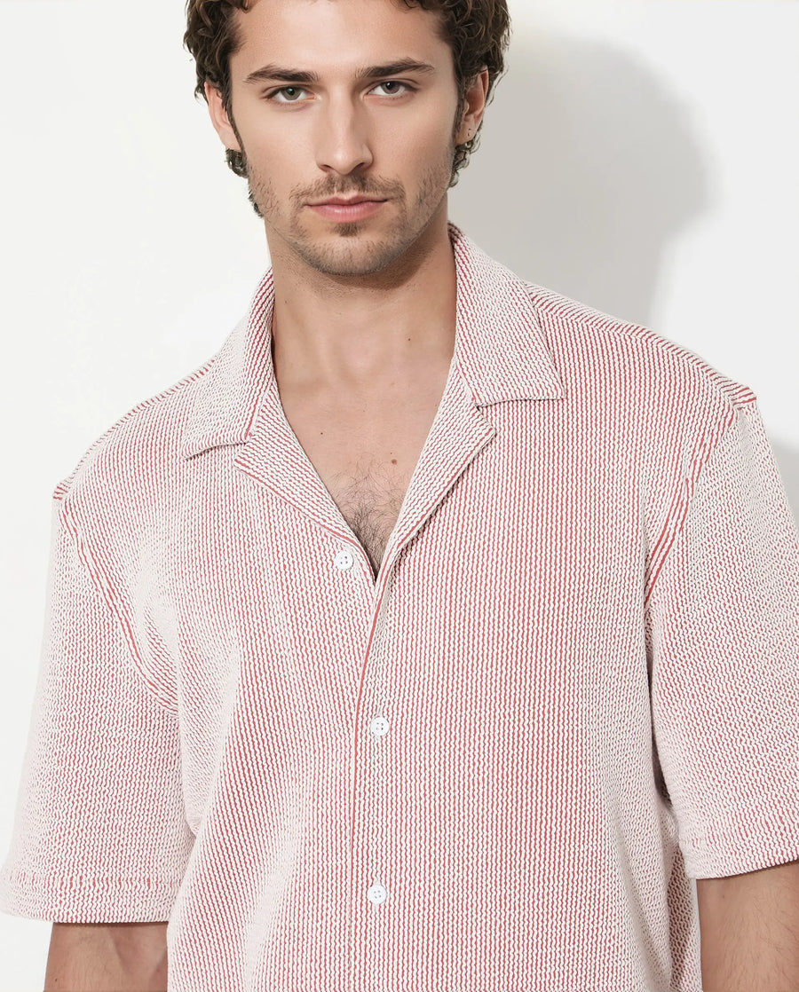 Rare Rabbit Men's Zavet-S Rust Cotton Striped Print Boxy Fit Half Sleeve Cuban Collar Shirt