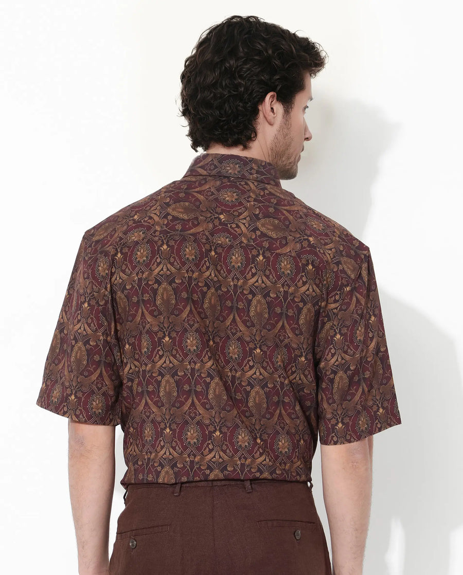 Rare Rabbit Men's Andin Brown Viscose Floral Print Boxy Fit Half Sleeve Collared Shirt