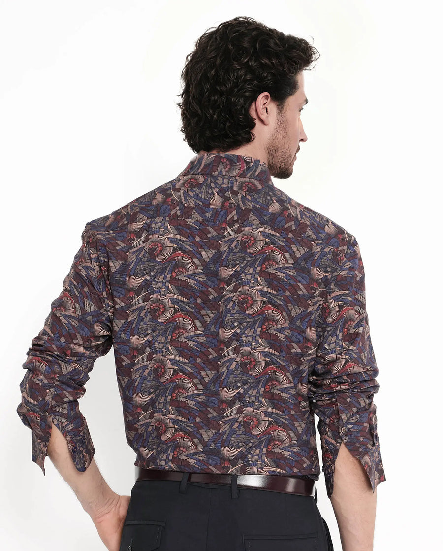 Rare Rabbit Men's Mids Navy Viscose Abstract Print Regular Fit Full Sleeve Collared Shirt