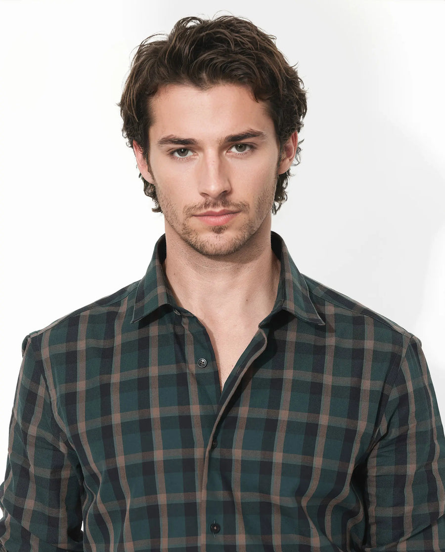 Rare Rabbit Men's Shiloh Dark Green Cotton Checked Print Regular Fit Full Sleeve Collared Shirt