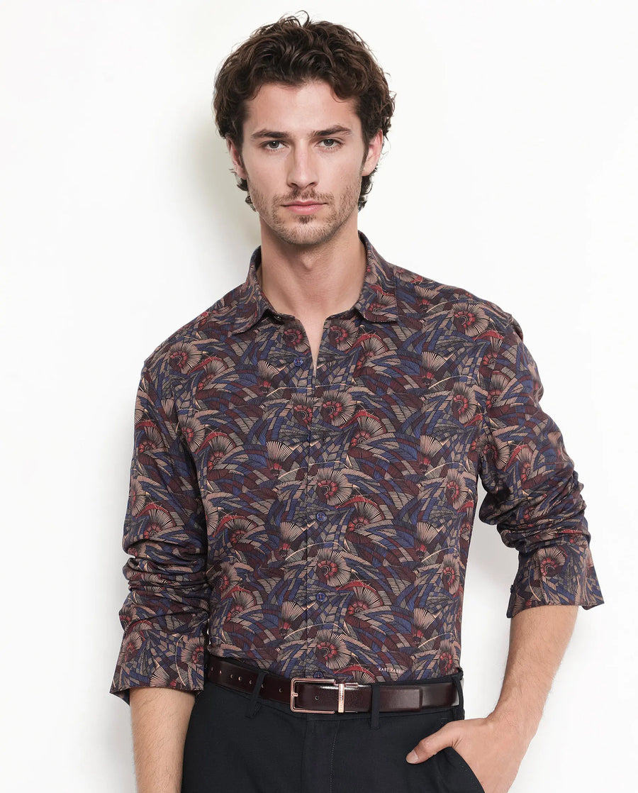 Rare Rabbit Men's Mids Navy Viscose Abstract Print Regular Fit Full Sleeve Collared Shirt