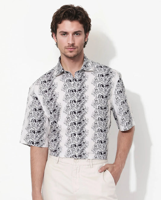 Rare Rabbit Men's Gasta Ss Off White Viscose Floral Print Boxy Fit Half Sleeve Collared Shirt