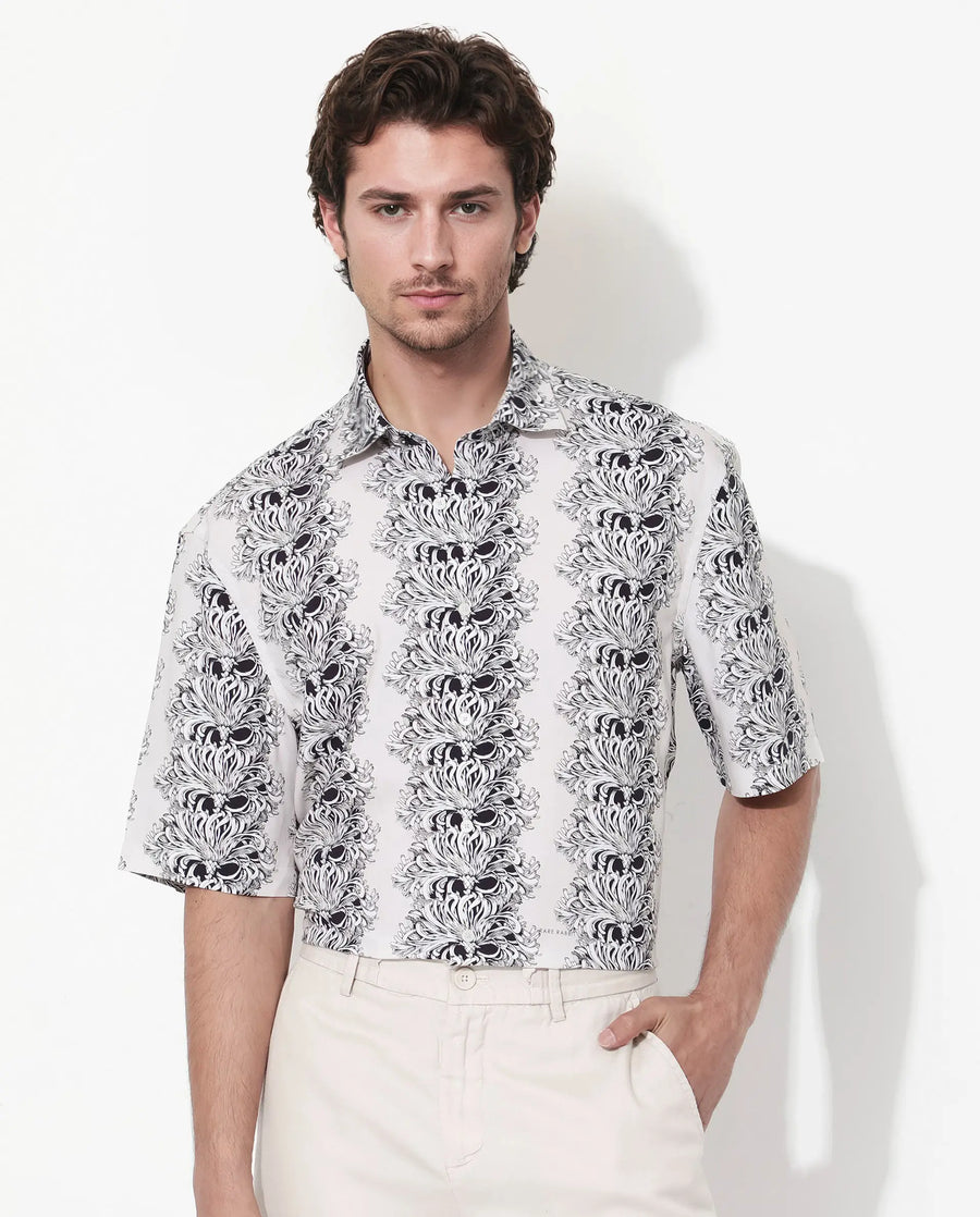 Rare Rabbit Men's Gasta Ss Off White Viscose Floral Print Boxy Fit Half Sleeve Collared Shirt
