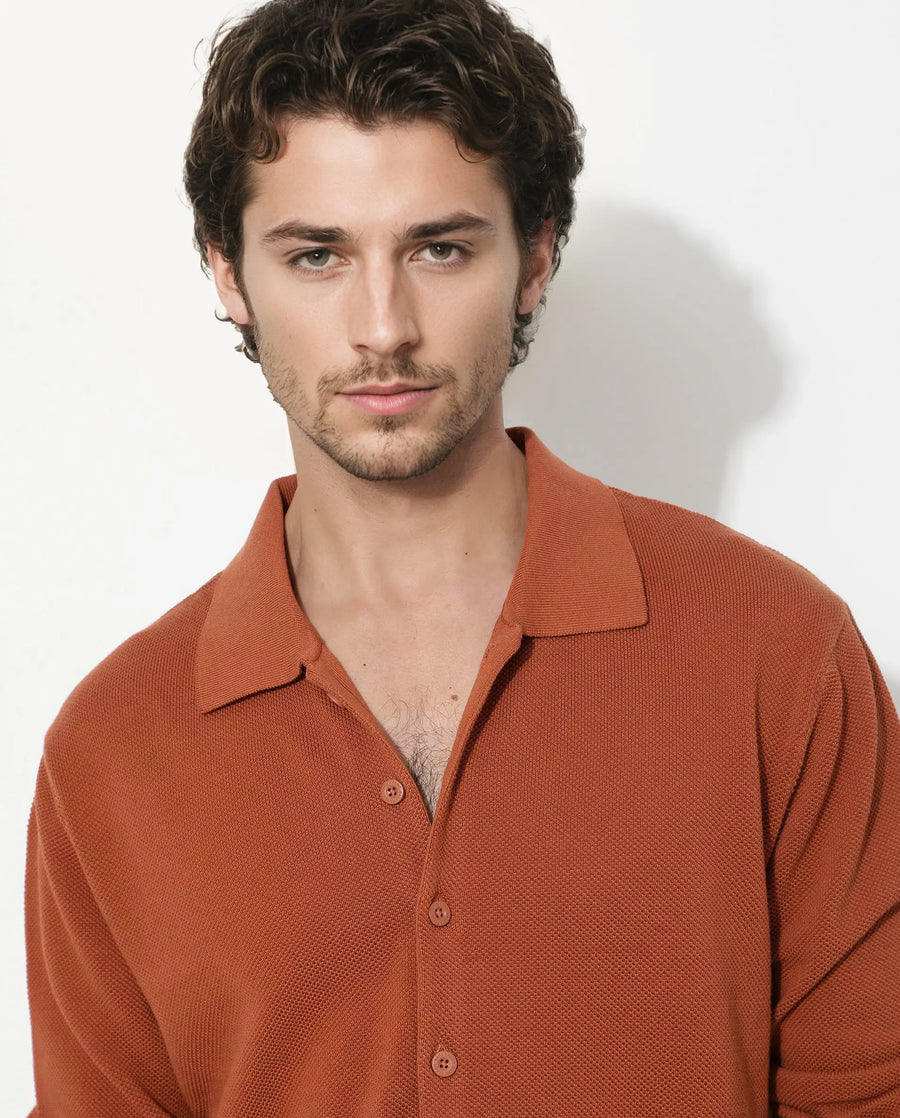 Rare Rabbit Men's Alias-N Dusky Rust Cotton Plain Regular Fit Full Sleeve Collared Shirt