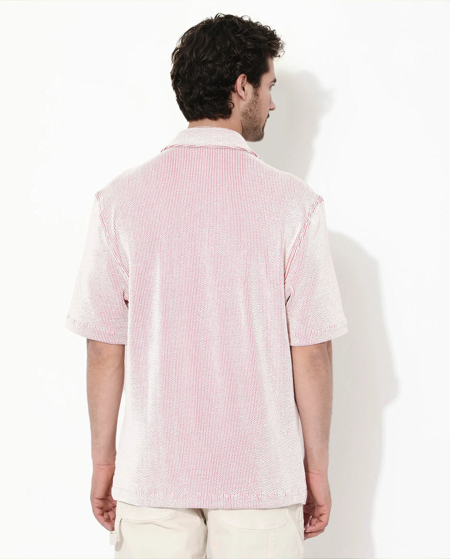 Rare Rabbit Men's Zavet-S Rust Cotton Striped Print Boxy Fit Half Sleeve Cuban Collar Shirt