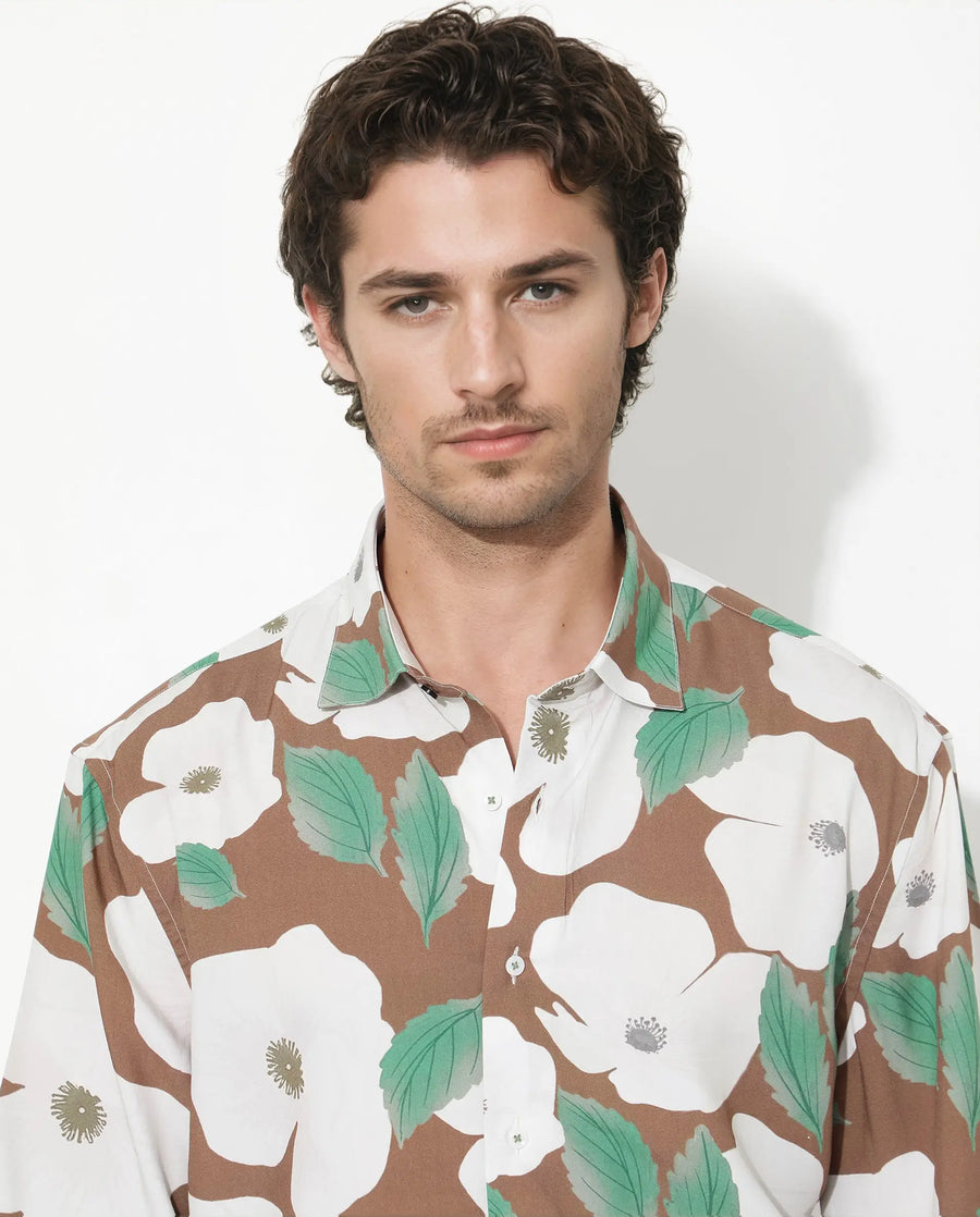 Rare Rabbit Men's Yuki Brown Viscose Floral Print Boxy Fit Half Sleeve Collared Shirt