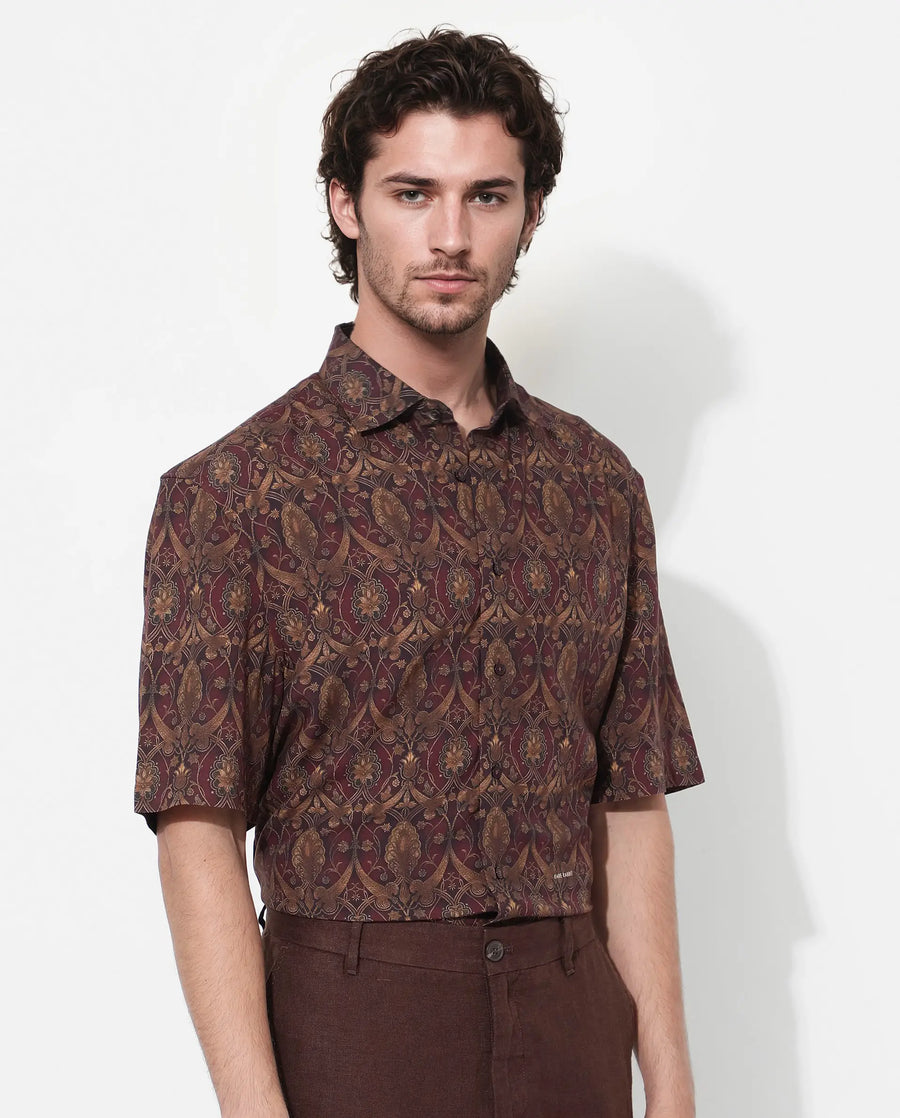 Rare Rabbit Men's Andin Brown Viscose Floral Print Boxy Fit Half Sleeve Collared Shirt