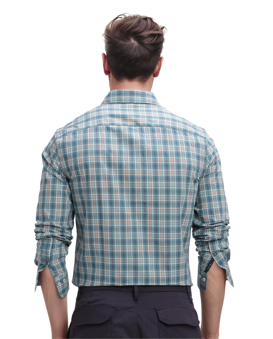 Rare Rabbit Men's Sept Turq Cotton Checked Print Regular Fit Full Sleeve Collared Shirt