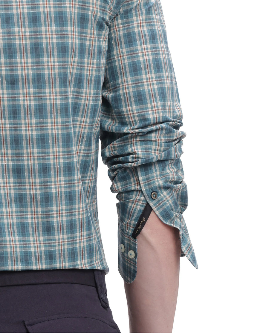 Rare Rabbit Men's Sept Turq Cotton Checked Print Regular Fit Full Sleeve Collared Shirt