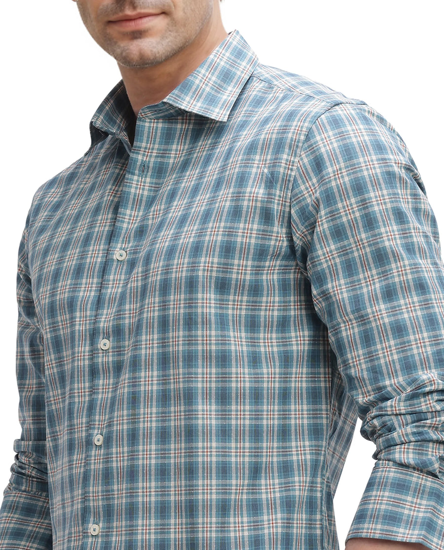 Rare Rabbit Men's Sept Turq Cotton Checked Print Regular Fit Full Sleeve Collared Shirt