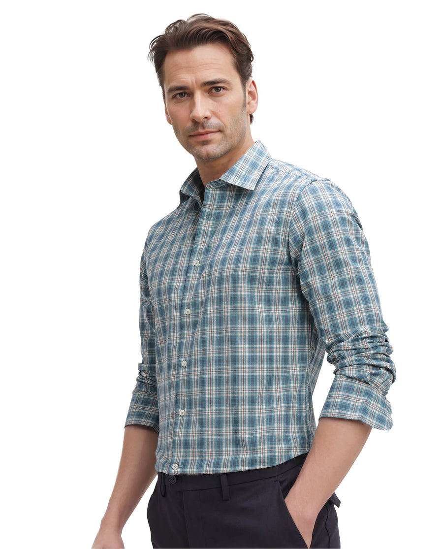 Rare Rabbit Men's Sept Turq Cotton Checked Print Regular Fit Full Sleeve Collared Shirt