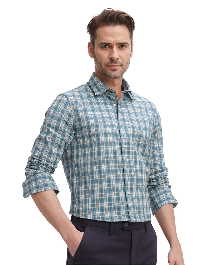 Rare Rabbit Men's Sept Turq Cotton Checked Print Regular Fit Full Sleeve Collared Shirt