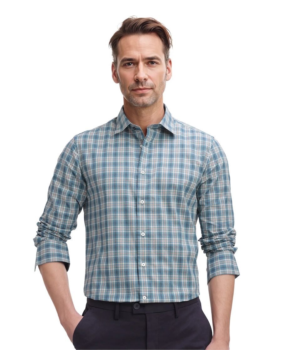 Rare Rabbit Men's Sept Turq Cotton Checked Print Regular Fit Full Sleeve Collared Shirt