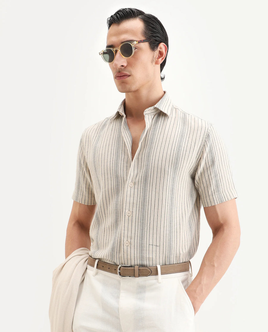 Rare Rabbit Men's Seton Beige Linen Blend Fabric Half Sleeve Spread Collar Regular Fit Striped Shirt