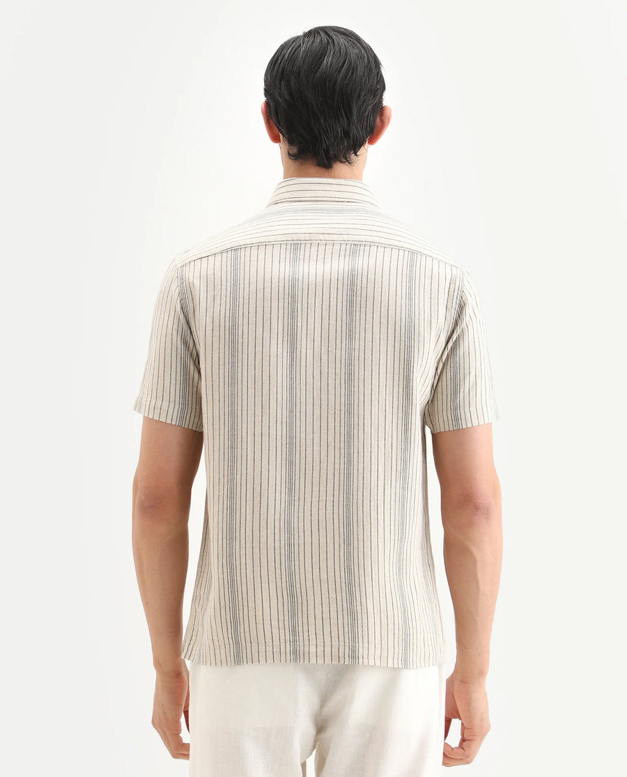 Rare Rabbit Men's Seton Beige Linen Blend Fabric Half Sleeve Spread Collar Regular Fit Striped Shirt