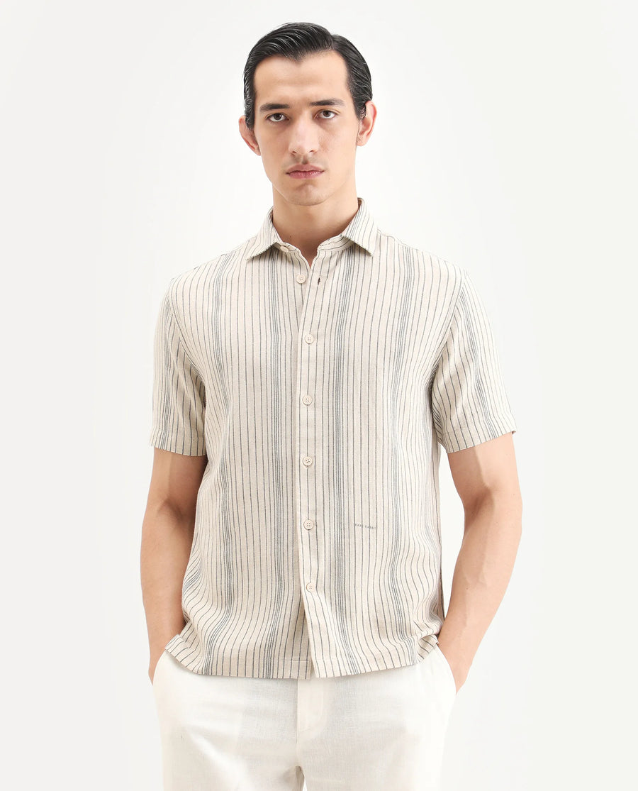 Rare Rabbit Men's Seton Beige Linen Blend Fabric Half Sleeve Spread Collar Regular Fit Striped Shirt