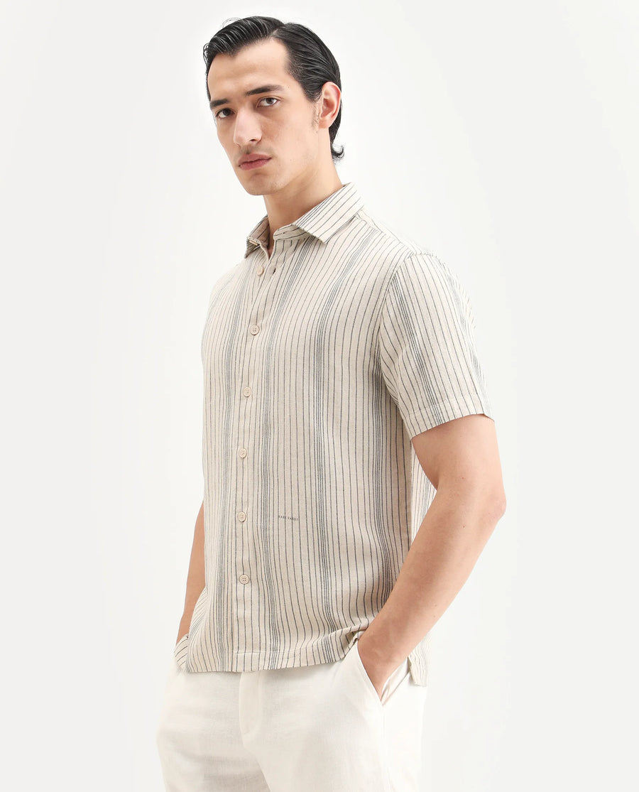 Rare Rabbit Men's Seton Beige Linen Blend Fabric Half Sleeve Spread Collar Regular Fit Striped Shirt