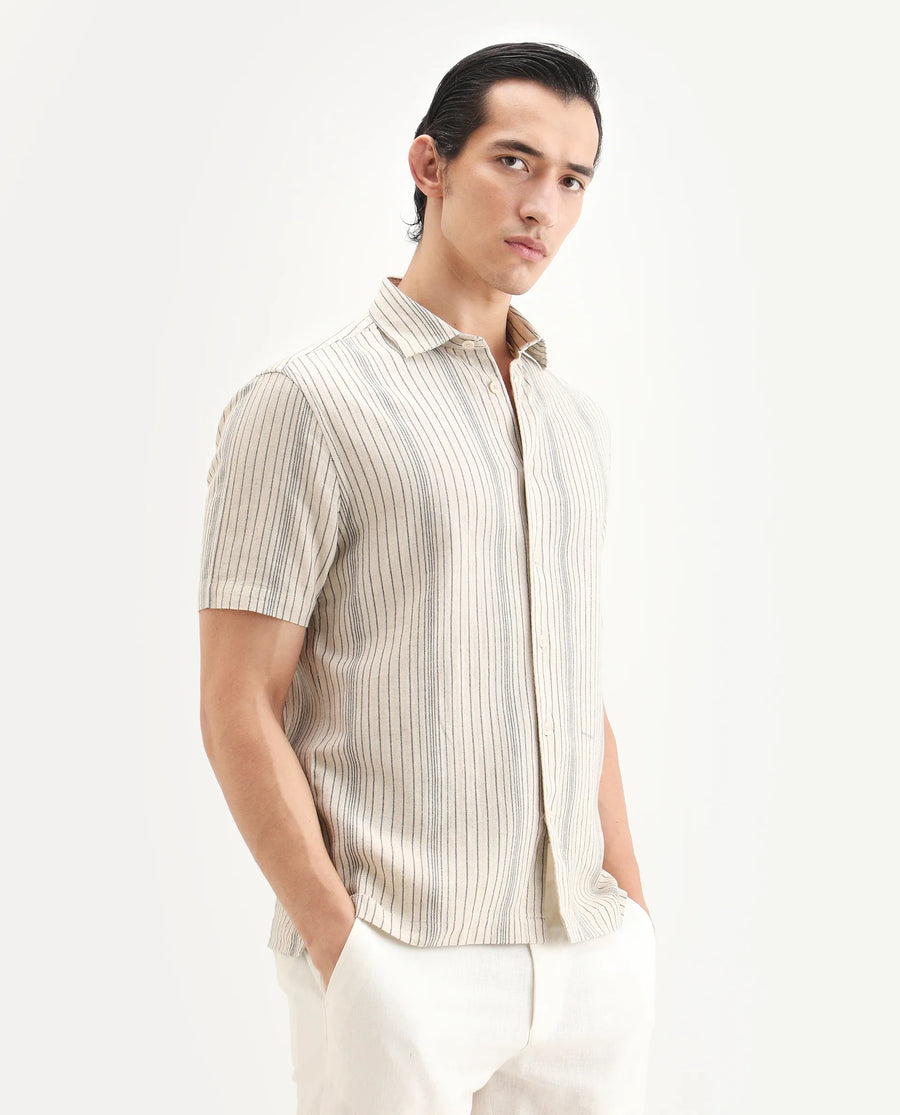 Rare Rabbit Men's Seton Beige Linen Blend Fabric Half Sleeve Spread Collar Regular Fit Striped Shirt