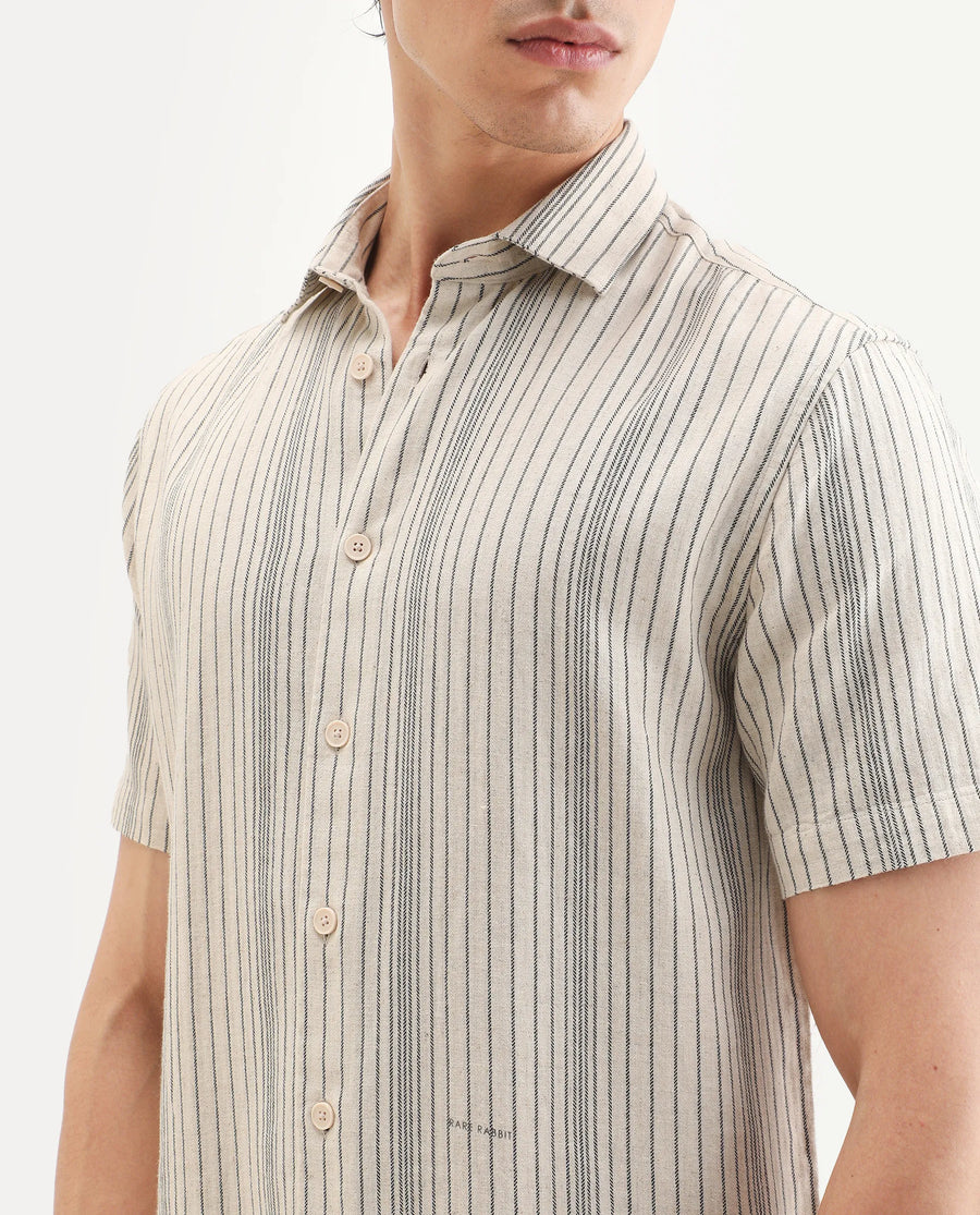 Rare Rabbit Men's Seton Beige Linen Blend Fabric Half Sleeve Spread Collar Regular Fit Striped Shirt